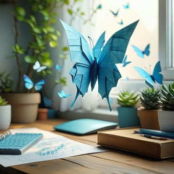 The origami butterfly flutters gracefully above the desk, its delicate paper wings adorned with intricate folds and vibrant hues of azure, catching th